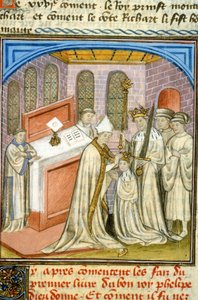 Aartsbisschop kroont Philippe Auguste in 1179 - Verluchting uit de Middeleeuwen (ref. 512, 226r) Vraag toestemming aan de Gemeentelijke Bibliotheek van Toulouse (tel: 05 62 27 66 66)