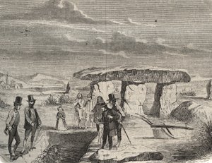 Archeologische opgravingen: ontdekking van Gallische graven nabij de Dolmen de la Pierre aux Fées in de Oise. Gravure uit 1856 in 