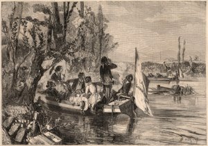 Rond Parijs in 1857. De kanoërs in Asnières. Gravure in 