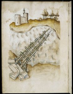 Indeling van een houten brug - Manuscript: perkamentblad uit een ingenieurshandboek voor de bouw van civiele, religieuze en militaire gebouwen, anoniem, eind 15e eeuw (figuur in Chinese inkt)