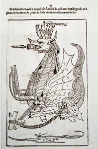 Krijgskunst: studie over militaire machines. Arabische machine voor het belegeren van een stad, illustratie uit 