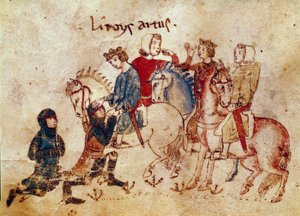 Arthurlegende: Koning Arthur die ridders verzacht (Meliadus, Esclabor en Arfasar). Miniatuur uit 