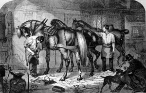 Ambachtsman: de hoefsmid maakte de hoeven van de paarden. Gravure uit de 19e eeuw