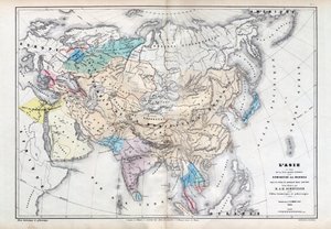 Azië ten tijde van de grootste omvang van de Mongoolse overheersing onder het bewind van Qubilai (Kubilai Khan) (1260-1294) - Kaart voorbereid door M J-H Schnitzler, Historisch en Pittoresk Atlas 1857 door Unknown artist