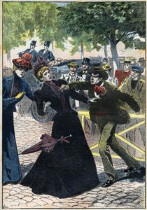 Moord op Keizerin Elisabeth van Oostenrijk (Sissi) door de Italiaanse anarchist Luccheni in Genève in 1898. Illustratie uit 1898. Privécollectie