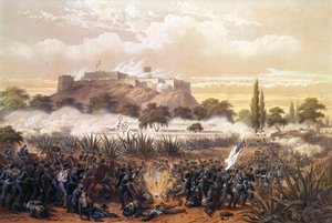 Bestorming van Chapultepec in september 1847 tijdens de oorlog tussen de Verenigde Staten en Mexico. Gravure uit 1850