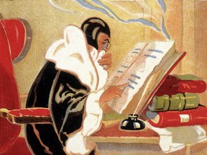 Astroloog: Nostradamus bestudeert een boek