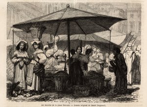 Aan de voet van Piazza Navona, Rome (Italië). Gravure ter illustratie van de reis naar Rome, door Francis Wey, in 1864-1868, gepubliceerd in Le tour du monde, nouveau journal des voyages, onder redactie van Edouard Charton door Unknown artist