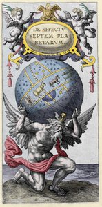 Atlas draagt de wereld. Gravure uit het begin van de 17e eeuw.