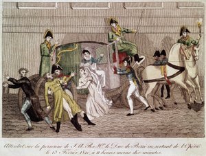 Aanval op de hertog van Berry door Louis Pierre Louvel bij het verlaten van de Opera op 13 februari 1820 (gravure 19e eeuw)