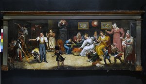 Voor de goede vader. Upholsterer-decorateur uithangbord. Rue Mouffetard, 5e arrondissement, Parijs, circa 1825 (uithangbord) door Unknown artist