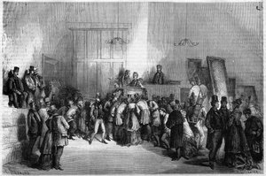 Veilingzaal in Parijs: Verkoop van schilderijen in het hotel van veilingmeesters. Gravure in 