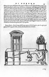 Automatisch mechanisme ontworpen door Heron van Alexandrië (de Oudere) (1e eeuw) voor het openen en sluiten van de deuren van een tempel. Heron, Spiritalia
