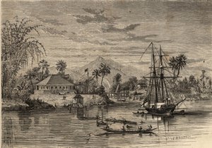 Bangalow, huis van Sir James Brooke, bekend als de Rajah van Sarawak (1803-1868) Britse avonturier eerste witte radja van Sarawak in de buurt van Sarawak (Borneo). Gravure in 