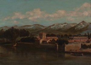 Oevers van de Isère in Grenoble, bergzicht 1864 door Unknown artist