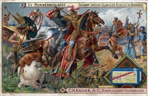 Barbaarse invasies - Geschiedenis van Ekkehard IV van St. Gallen of Eckhard, Eckhart (980 -1057) geleerde en Latijnse dichter. Slag van de Hunnen. Een bijzondere strijd tussen Ellak en de oudste van de Heidenhohle. door Unknown artist