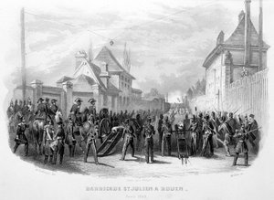 Barricade Saint Julien in Rouen, april 1848 - in "Fastes de Gardes nationales de France" door Unknown artist