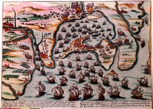 Slagplan van Cales Males (Spanje) op 30 juni 1596. De vloot van het Nederlandse en Engelse leger komt als vrienden binnen met 180 schepen. De volgende dag, 1 juli, verrast door verraad, moesten ze de stad met schaamte verlaten. Gravure door Unknown artist