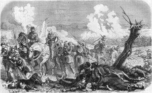 Slag bij Saint Quentin in 1557, een episode van de lange oorlog tussen het Koninkrijk Frankrijk en Spanje. Gravure uit de 19e eeuw