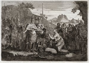 Bijbel van Royaumont, Oude Testament: Abigail. Abigail, de vrouw van Nabal, kalmeert Davids woede met haar wijsheid. Illustratie uit 1811.