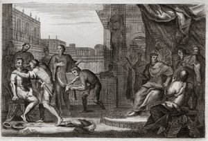 Bijbel van Royaumont, Oude Testament: Ambassadeurs van David. David stuurde Joab tegen de Ammonieten om wraak te nemen voor de belediging die Hanon, hun prins, zijn ambassadeurs had aangedaan, die hij voor spionnen had aangezien. Illustratie uit 1811. door Unknown artist
