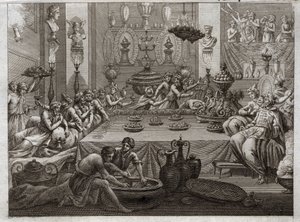 Bijbel van Royaumont, Oude Testament: Balthazar veroordeelt. Koning Balthazar (Belshatsar) ziet aan tafel een hand die in drie woorden het einde van zijn vonnis schrijft. Illustratie uit 1811. door Unknown artist