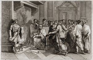 Bijbel van Royaumont, Oude Testament: Baruch profeet. Koning Jojakim (Joachim, Joachin, Jechonias) snijdt de rol met de profetieën van Jeremia, opgeschreven door zijn leerling Baruch (Baruch ben Neria), in stukken en gooit deze in het vuur. Illustratie uit door Unknown artist