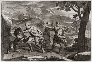 Bijbel van Royaumont, Oude Testament: Geboorte van Samson. Samson scheurt een leeuw in stukken. Illustratie uit 1811.