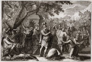 Bijbel van Royaumont, Oude Testament: Broers van Jozef. Jozef laat zijn broers in de gevangenis zetten. Illustratie uit 1811. door Unknown artist