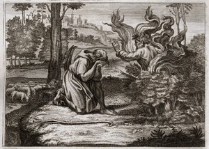 Royaumont Bijbel, Oude Testament: Brandende Braamstruik. God spreekt tot Mozes vanuit een brandende braamstruik. Illustratie uit 1811. door Unknown artist