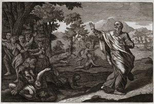 Royaumont Bijbel, Oude Testament: Kinderen verscheurd door beren. Kinderen die de kaalheid van Elisa bespotten worden verscheurd door beren. Illustratie uit 1811. door Unknown artist