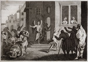 Bijbel van Royaumont, Oude Testament: Misdrijven van de Sodomieten. Lot ontvangt engelen in zijn huis. De Sodomieten (Sodom) willen hen geweld aandoen. De engelen slaan hen met blindheid. Illustratie uit 1811.