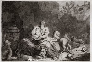 Bijbel van Royaumont, Oude Testament: Daniël in de leeuwenkuil. Daniël wordt in de leeuwenkuil gegooid en wordt wonderbaarlijk gered. Illustratie uit 1811.