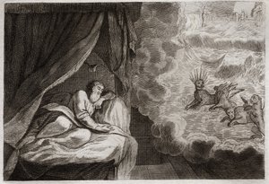 Bijbel van Royaumont, Oude Testament: Daniëls visioen van de vier monarchieën van Assyriërs, Perzen, Grieken en Romeinen. Ze zien vier monsters: Haniel, Kafziel, Azriel, Aniel. Illustratie uit 1811. door Unknown artist