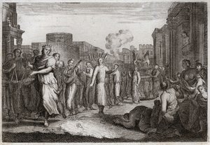 Bijbel van Royaumont, Oude Testament: David danst voor de Ark van het Verbond. David, die voor de tweede keer besloot de Ark naar zijn huis te brengen, laat deze dragen en begeleiden door Levieten, om een ongeluk zoals dat van Oza te vermijden. Hij danst v door Unknown artist