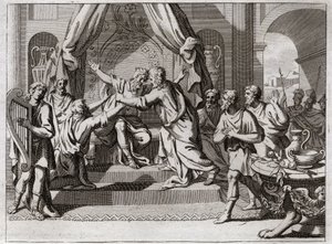 Bijbel van Royaumont, Oude Testament: David speelt de harp. Saul, door God verworpen, wordt gegrepen door de kwade geest. We zoeken een man die de harp kan bespelen om hem in zijn kwaad te verlichten. Illustratie uit 1811. door Unknown artist