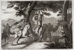 Royaumont Bijbel, Oude Testament: Dood van Absalom. Absalom vluchtend uit de strijd wordt bij zijn haar aan een eik vastgehouden, of Joab doorboort zijn hart met drie pijlen. Illustratie uit 1811. door Unknown artist