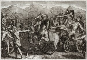 Royaumont Bijbel, Oude Testament: Dood van Achab. Achab voerde oorlog tegen Syrië en werd gedood door een willekeurige pijl. Illustratie uit 1811.