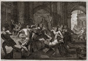 Bijbel van Royaumont, Oude Testament: Dood van Amnon. Absalom (of Avshalom, Absalon) verzoent zich met David en laat zijn broer Amnon (Ammon) vluchten naar een feest. David wordt gedwongen om uit Jeruzalem te vluchten en ondergaat deze vervolging met wonde