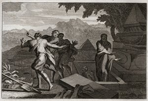 Bijbel van Royaumont, Oude Testament: Dood herrijst. Een dode man werd per ongeluk bij het graf van Elisa neergelegd, en hij herrees door het aanraken van zijn botten. Illustratie uit 1811. door Unknown artist