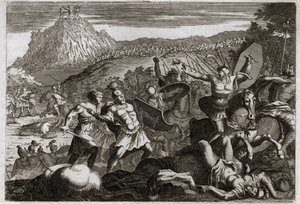 Royaumont Bijbel, Oude Testament: Nederlaag van Amalek. Mozes behaalde de overwinning op de Amalekieten door zijn handen hoog in de hemel te houden. Illustratie uit 1811. door Unknown artist