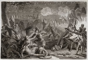 Bijbel van Royaumont, Oude Testament: Nederlaag van de Midianieten door het geluid van de trompetten en de lichten van de lampen. Illustratie uit 1811. door Unknown artist