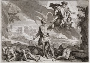 Bijbel van Royaumont, Oude Testament: Nederlaag van de Filistijnen. Simson doodt duizend Filistijnen met een ezelskaak. God laat water uit de kaak stromen zodat Simson zijn dorst kan lessen. Illustratie uit 1811.