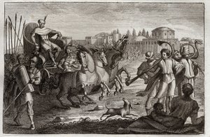 Bijbel van Royaumont, Oude Testament: Verheffing van Jozef. Jozef wordt in glorie verheven. Illustratie uit 1811. door Unknown artist