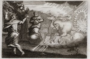 Bijbel van Royaumont, Oude Testament: Elia wordt in de hemel opgenomen. Elia wordt in een vurige wagen naar de hemel gebracht in aanwezigheid van zijn discipel. Elisee ontvangt van hem zijn dubbele geest: hij verdeelt het water van de Jordaan met de mantel door Unknown artist
