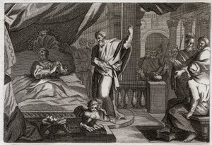 Bijbel van Royaumont, Oude Testament: Ezechias ontvangt gezondheid. Koning Ezechias was doodziek, ontving gezondheid en nog vijftien jaar leven. De profeet Jesaja kondigt zijn oorlog aan: het teken zal zijn om de schaduw van de klok tien graden terug te du door Unknown artist