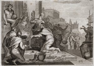 Bijbel van Royaumont, Oude Testament: Val van Salomo. Salomo wordt gecorrumpeerd door vrouwen en offert wierook aan de afgoden van de valse goden. Zijn dood. Illustratie uit 1811. door Unknown artist