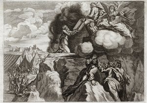 Royaumont Bijbel, Oude Testament: Eerste Tafelen van de Wet. God geeft de Wet aan zijn volk op de berg Sinaï. Mozes ontvangt de 10 Geboden uit de handen van God. Illustratie uit 1811.