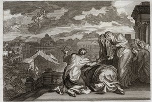 Bijbel van Royaumont, Oude Testament: Vloek van de Pest. En David, die de schaduw van al zijn volk had gemaakt door een ijdele beweging, God treft zijn koninkrijk met een pest die in drie dagen zeventigduizend mannen doodt. Illustratie uit 1811. door Unknown artist