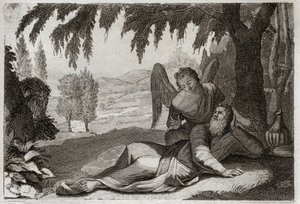 Bijbel van Royaumont, Oude Testament: Vlucht van Elia. Elia vlucht voor de woede van Izebel, die wraak op hem wilde nemen voor de dood van haar valse profeten, en wordt in de woestijn ondersteund door een engel die hem voedsel brengt. Illustratie uit 1811.
